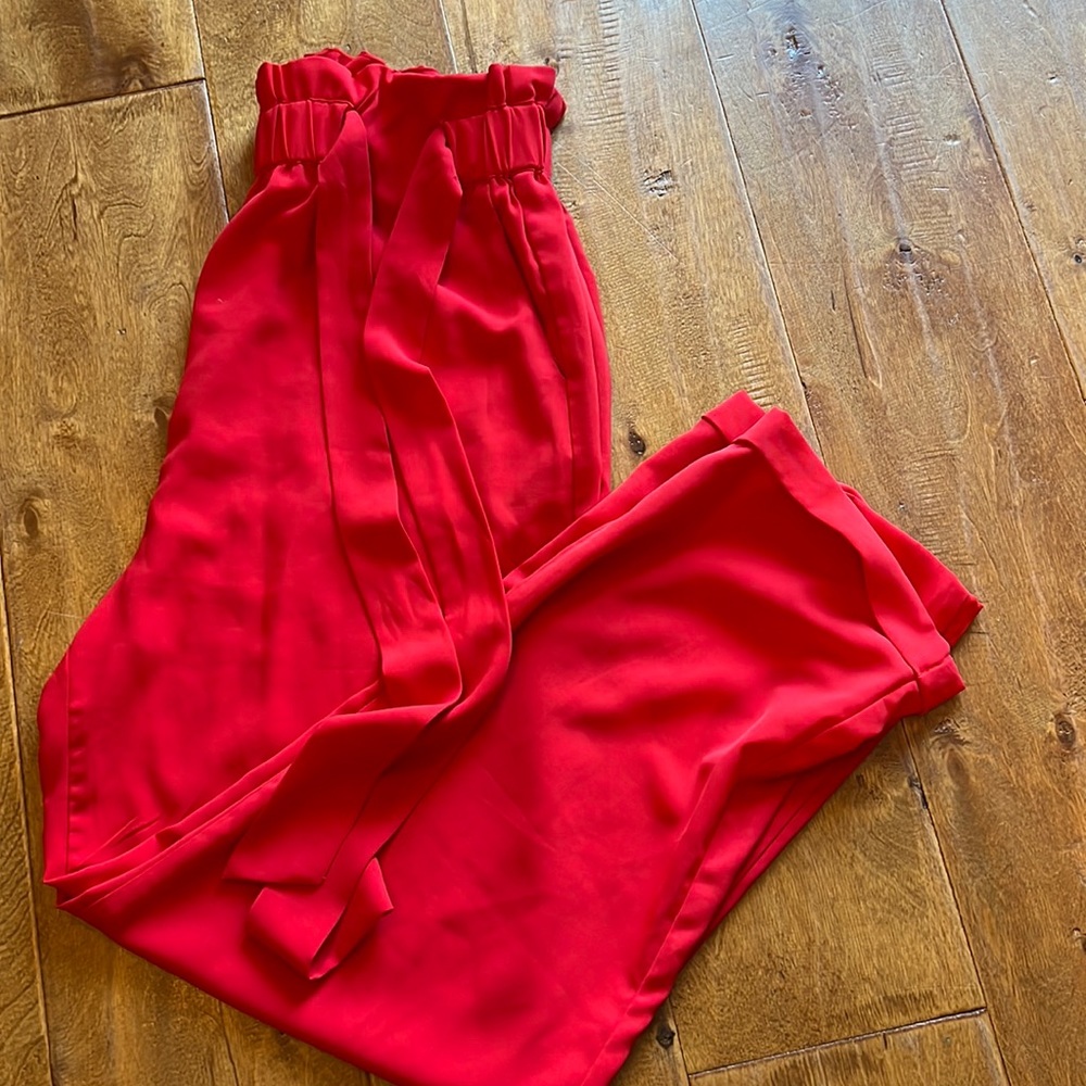 Women's red paper bag, high waisted pants